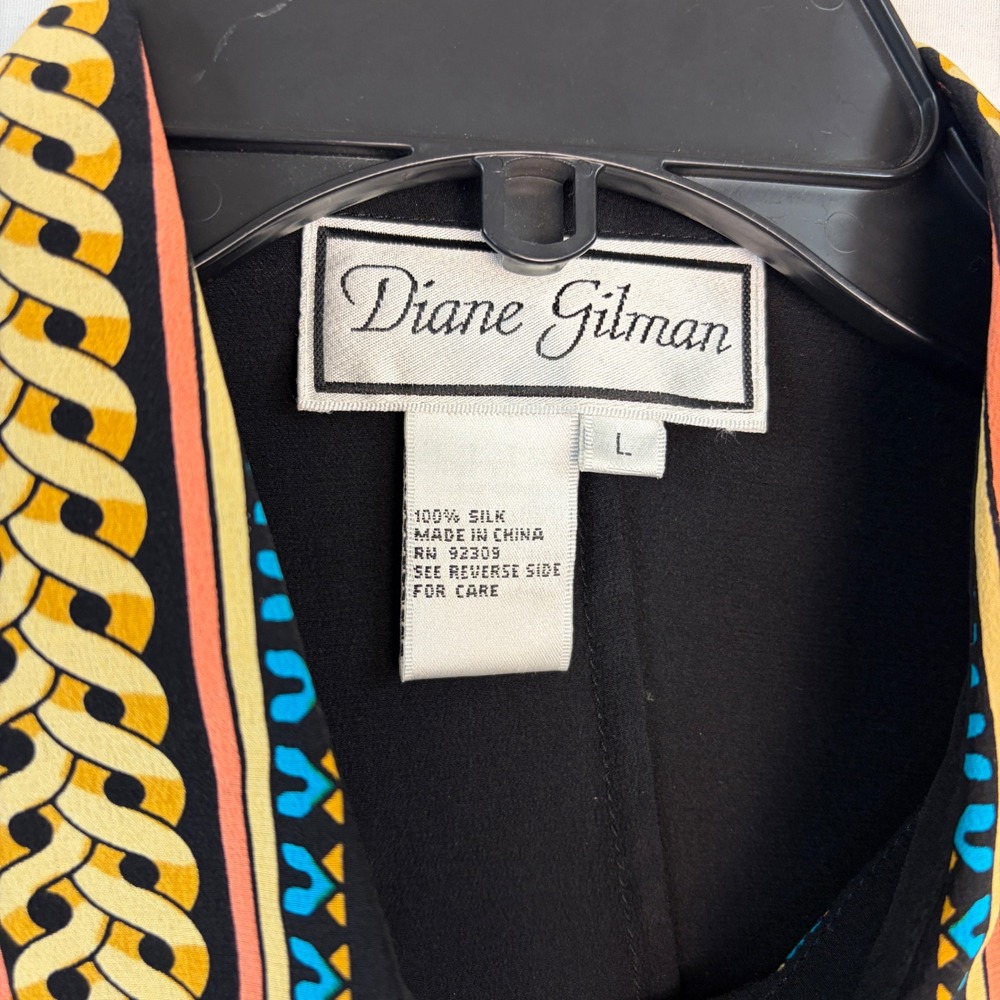 Diane Gilman Silk Sequin Button Down Shirt Black Gold Jewel Print Womens Large - Picture 4 of 8